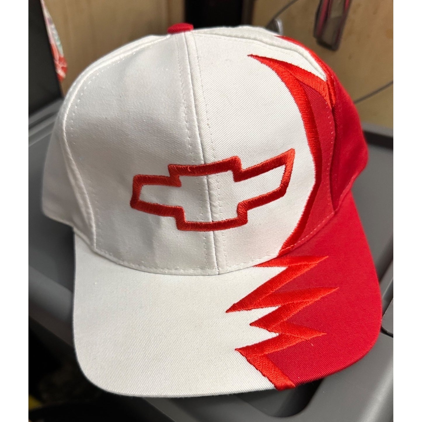 Kati 90's Chevrolet shark bite Cap White & Red Strapback Hat sharktooth