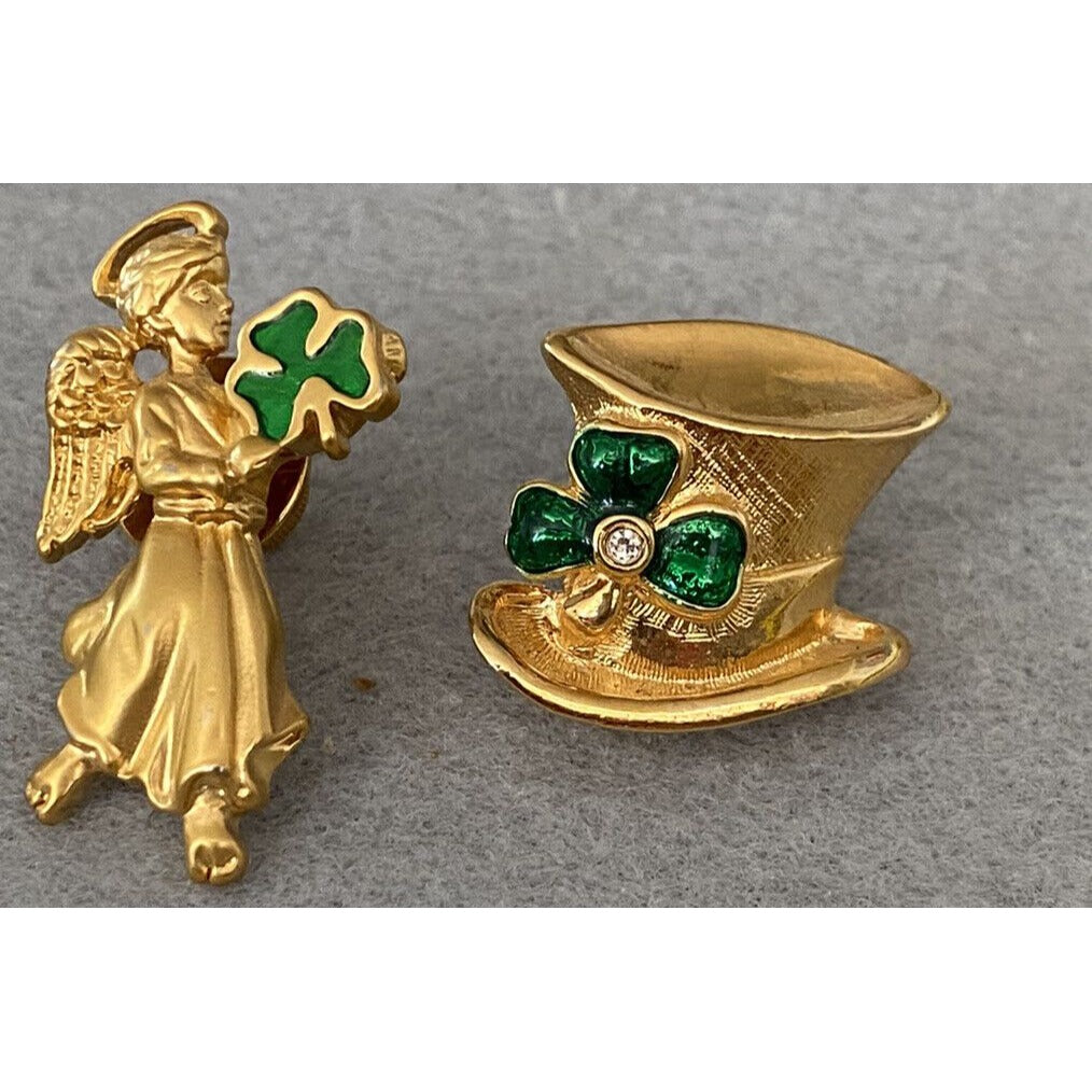 AVON GOLD TONE ST. PATRICK'S DAY ANGEL HAT IRISH ENAMELED CLOVER RHINESTONE PIN