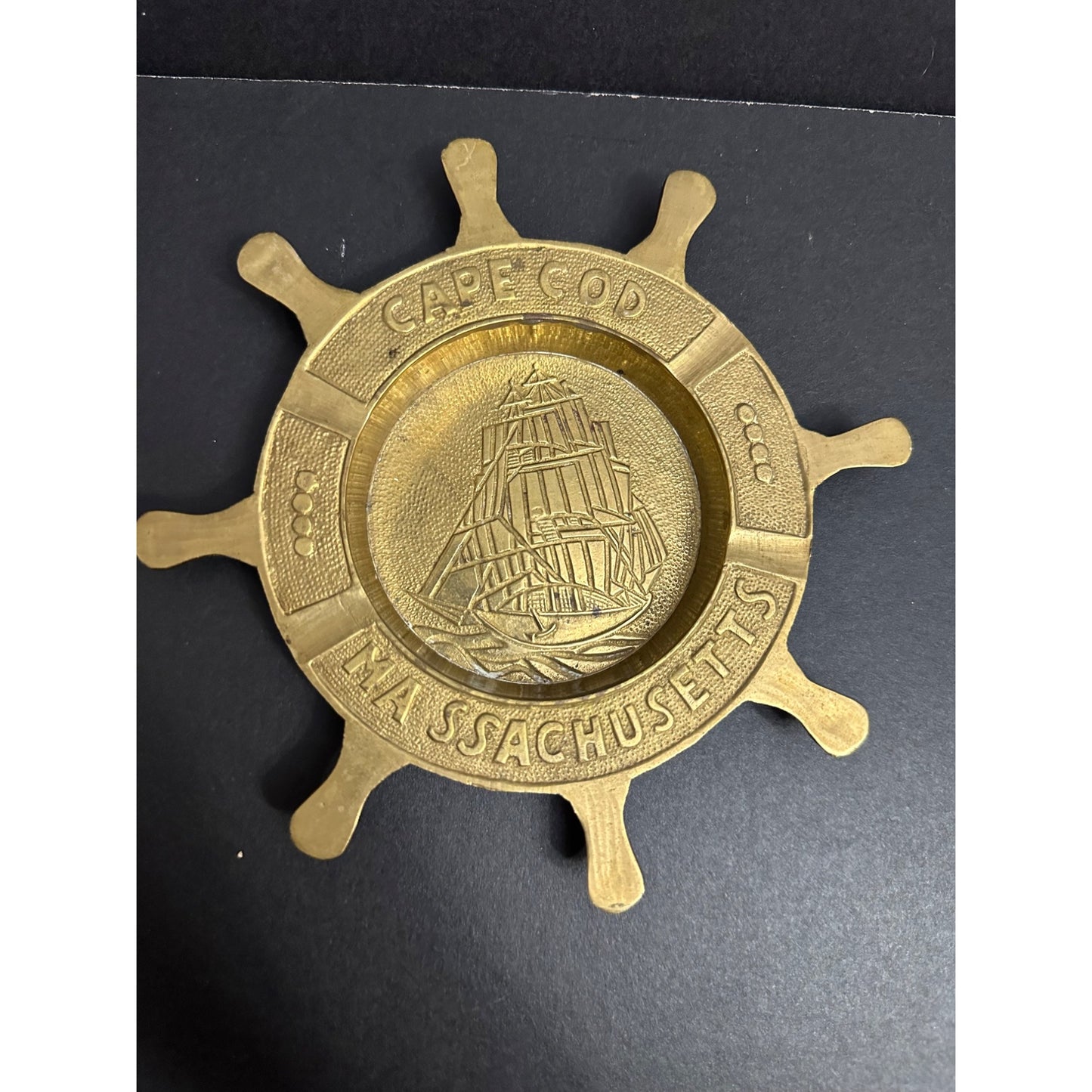 Brass Cape Cod Massachusetts Ship Wheel Ashtray Nautical Decor Maritime 7"