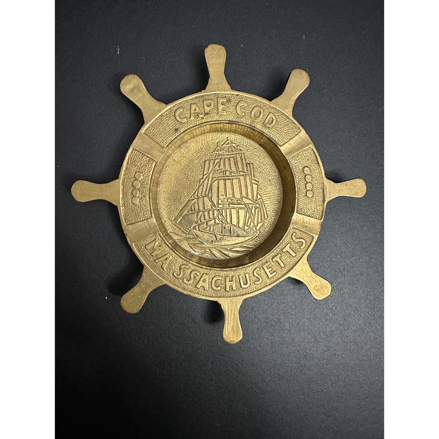 Brass Cape Cod Massachusetts Ship Wheel Ashtray Nautical Decor Maritime 7"