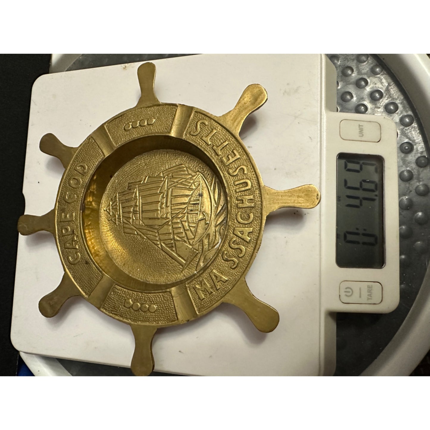 Brass Cape Cod Massachusetts Ship Wheel Ashtray Nautical Decor Maritime 7"