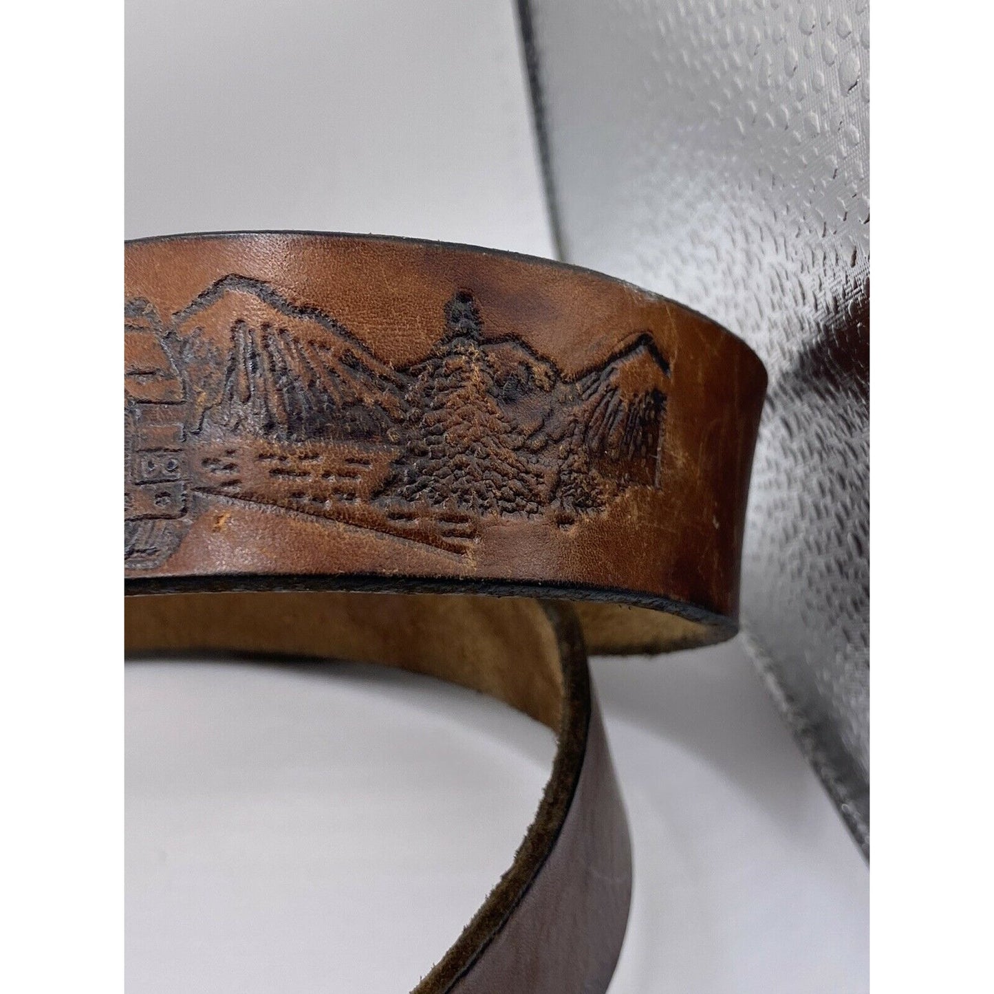Texas Roadrunner Leather Buckle 44 ? Belt With Truck & Mountain Scene Tooled
