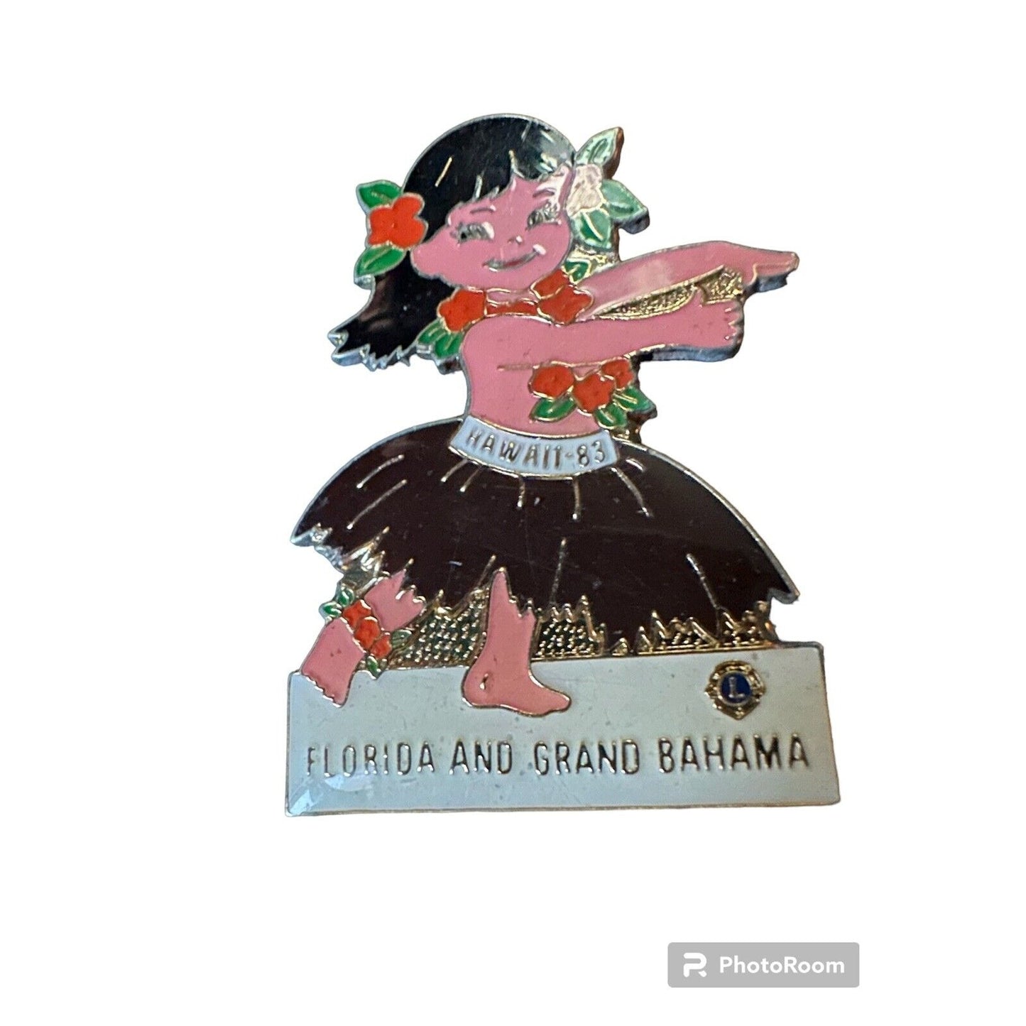 Hula Girl LIONS CLUB HAWAII & FLORIDA & GRAND BAHAMA 1983 TRADER PIN Vtg