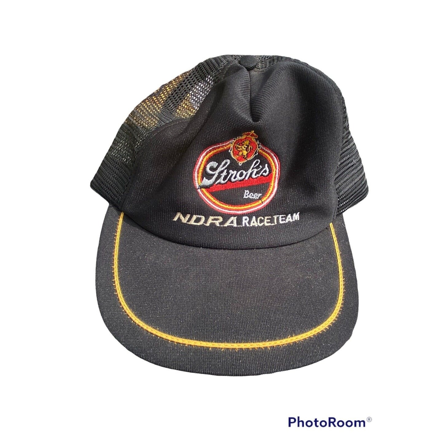 Stroh's NDRA Racing Team Beer Snapback Hat Cap Black Red Gold Mesh Trucker