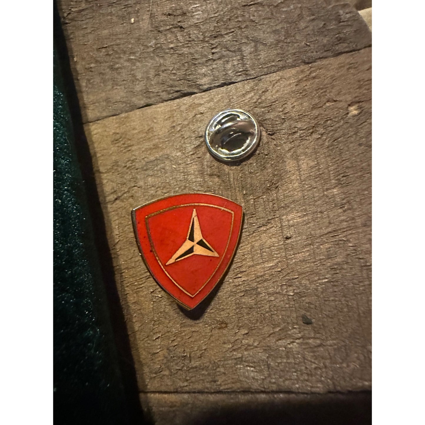 Vintage Military Triangular Red Enamel Lapel Pin With Gold Accents Marine 1 Inch