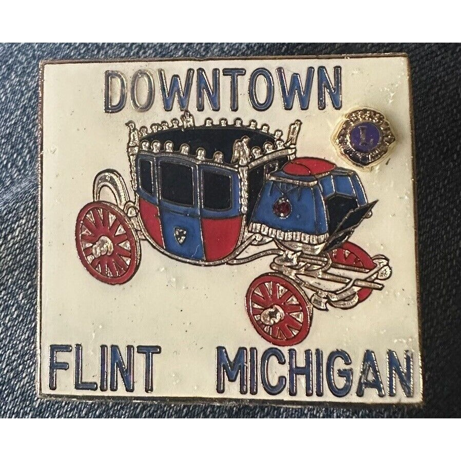 1980's Vtg Lions Club International Pin Downtown Flint Michigan Automobile Big