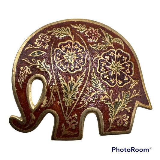 ELEPHANT RED FLORAL ORNAMENTAL CLOISONNE ART BELT BUCKLE 1970's