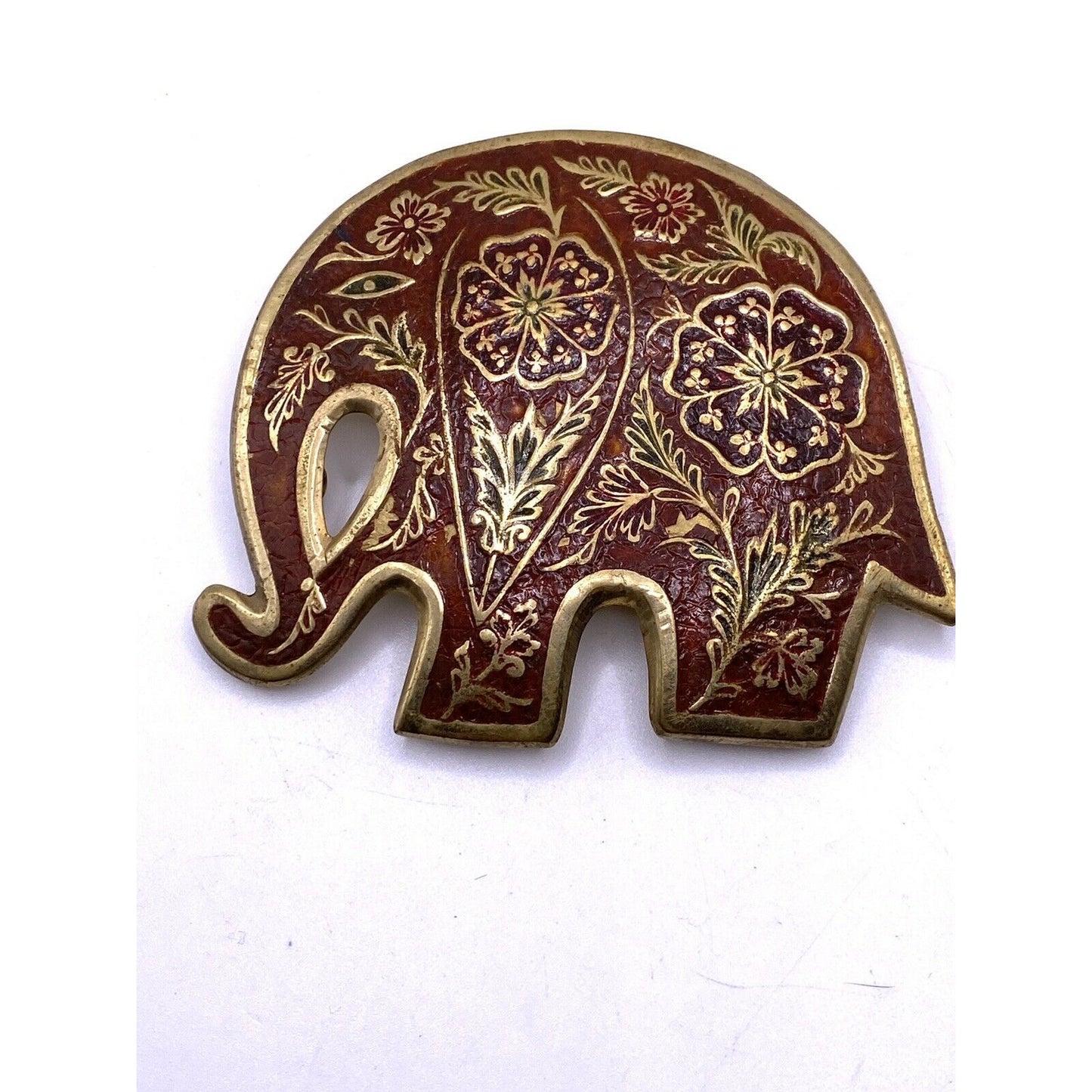 ELEPHANT RED FLORAL ORNAMENTAL CLOISONNE ART BELT BUCKLE 1970's