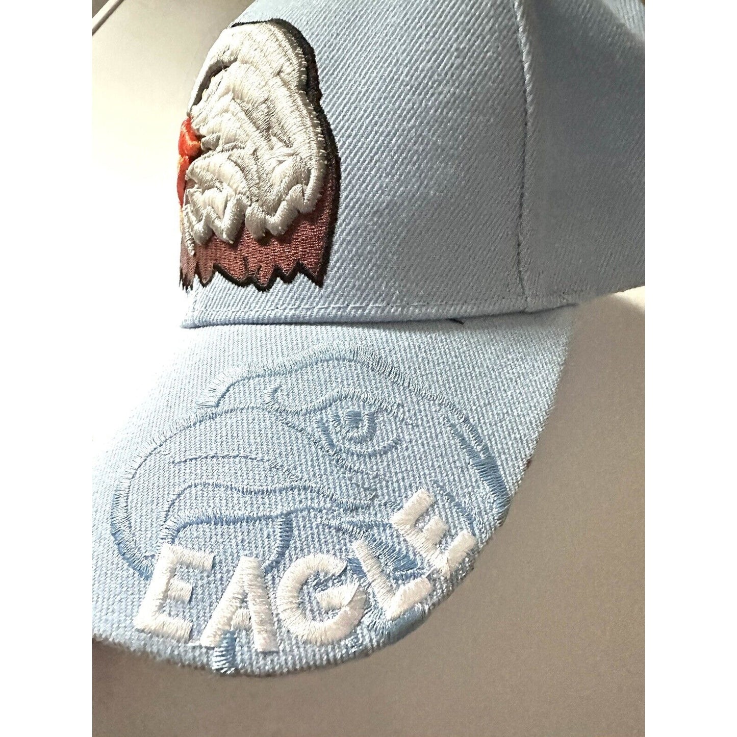 Bald Eagle Thick Embroidered Design Baseball Light Blue Hat Curved Brim