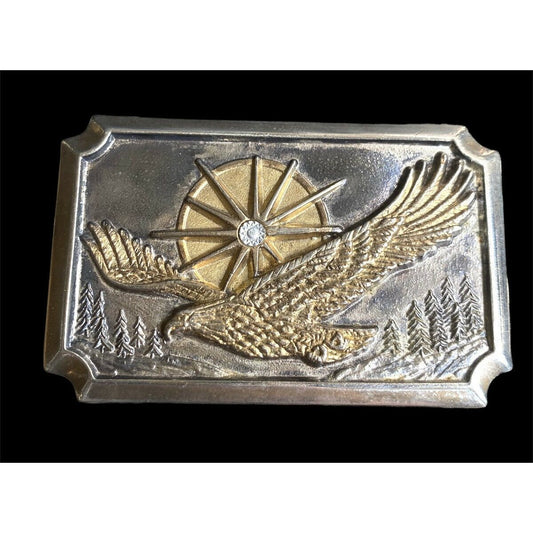 Silvertone Eagle Soaring In The Sun Jeweled Belt Buckle Numbered Vintage