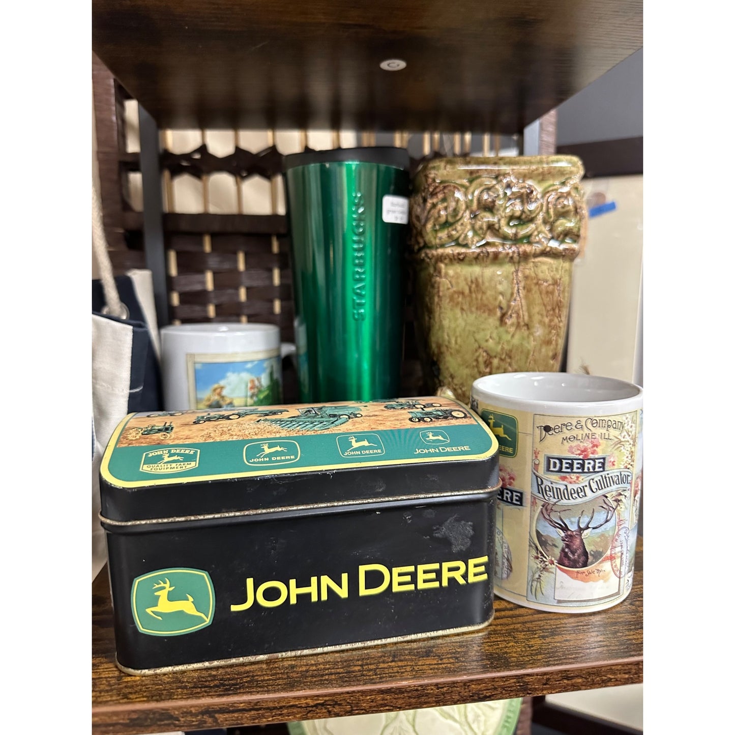 John Deere Collectibles Bundle: Mugs Tin Box Keepsake Ornaments Green Tumbler Bear Figurine Tractor Model