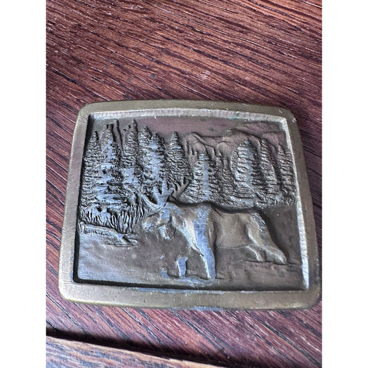 Moose Walking By Pine Trees Vintage 1976 Indiana Metal Craft Brass Belt Buckle