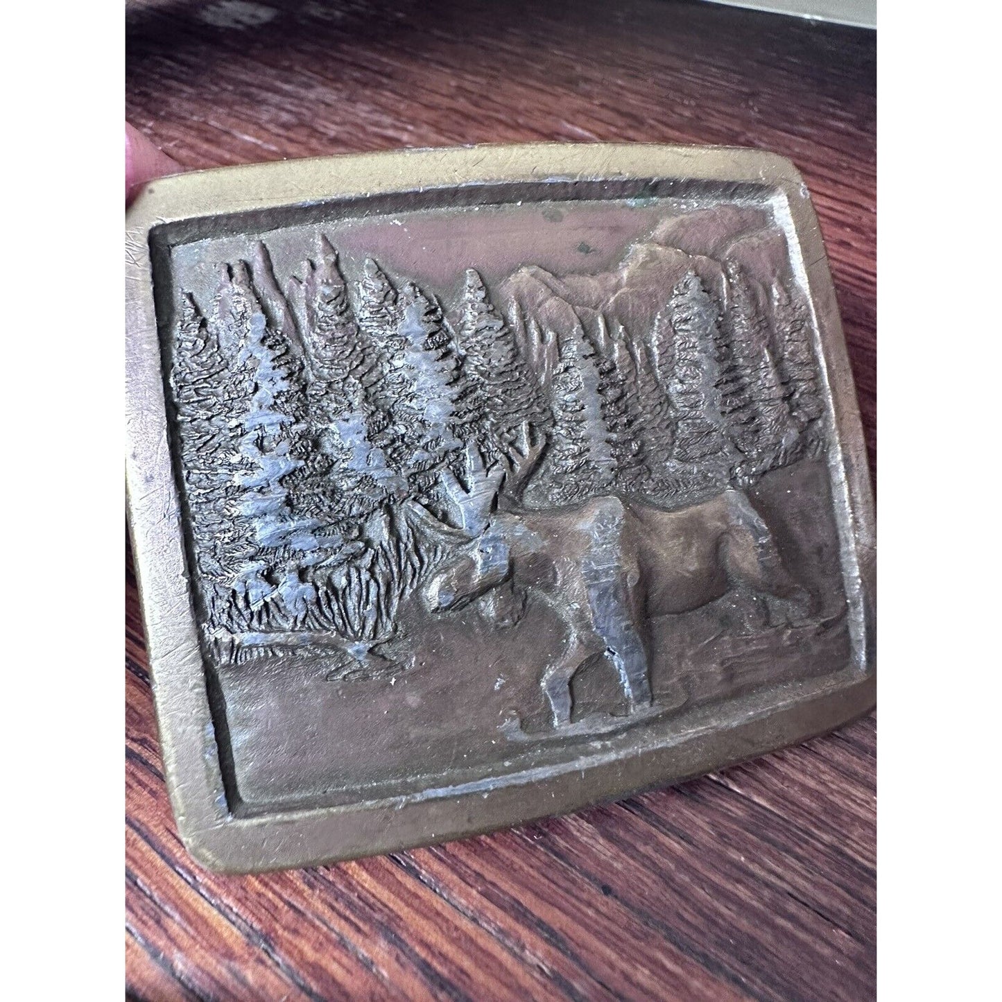 Moose Walking By Pine Trees Vintage 1976 Indiana Metal Craft Brass Belt Buckle