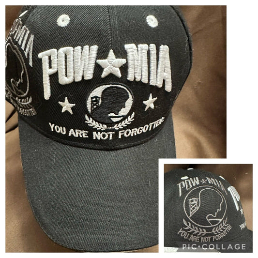 POW/MIA Baseball Cap Hat Black White Embroidered Adjustable