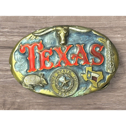 Texas State Seal Lone Star Longhorn Armadillo 1984 Great American Belt Buckle