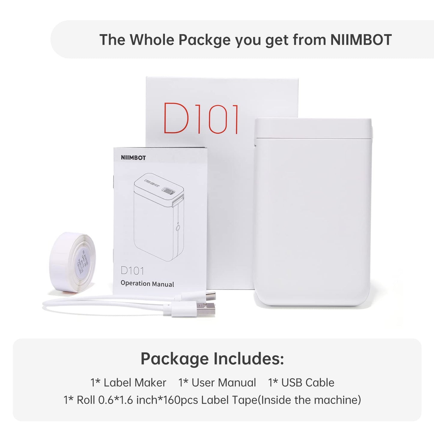 NIIMBOT D110 Label Maker Machine with Tape, Small Label Printer Bluetooth Connection Multiple Templates Available for Phone Easy to Use for Office Home Organization Rechargeable White