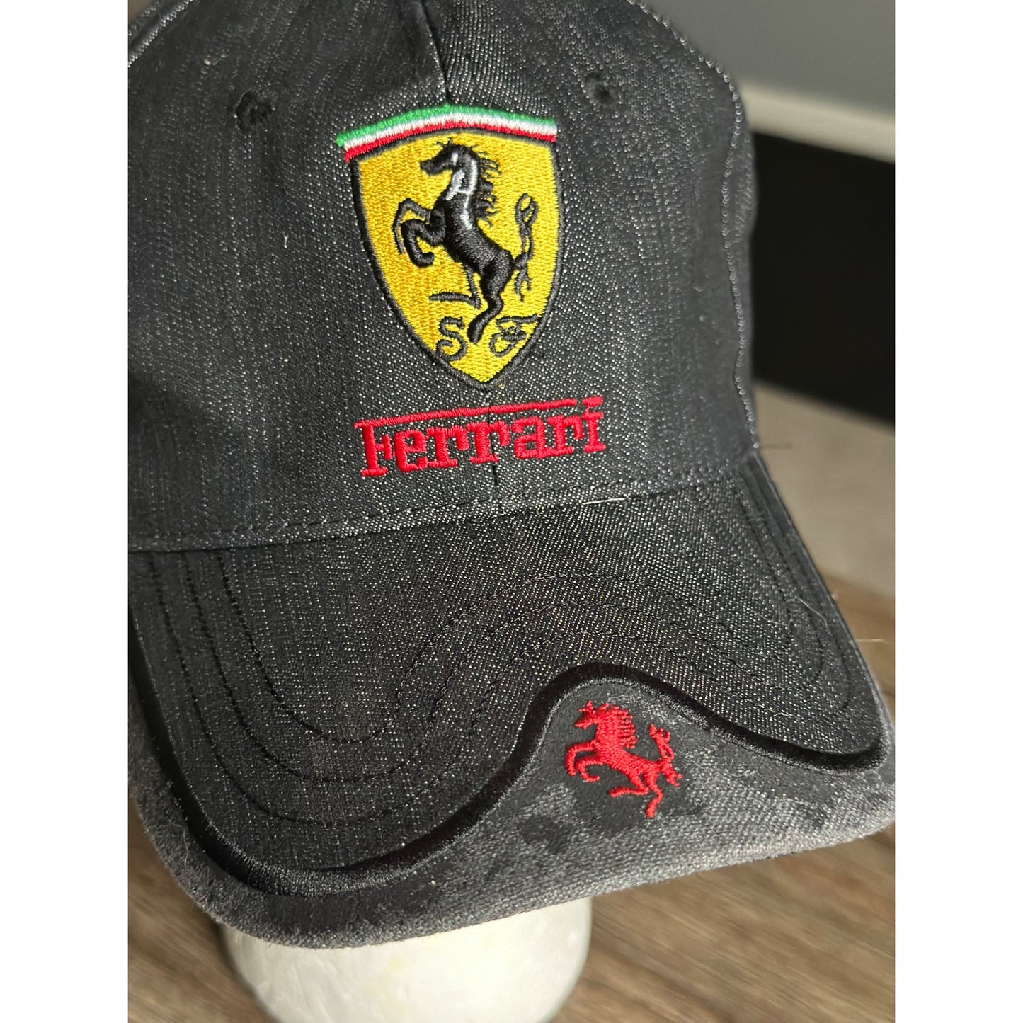 Ferrari Denim Baseball Cap Black Adjustable Strap Luxury Sportswear