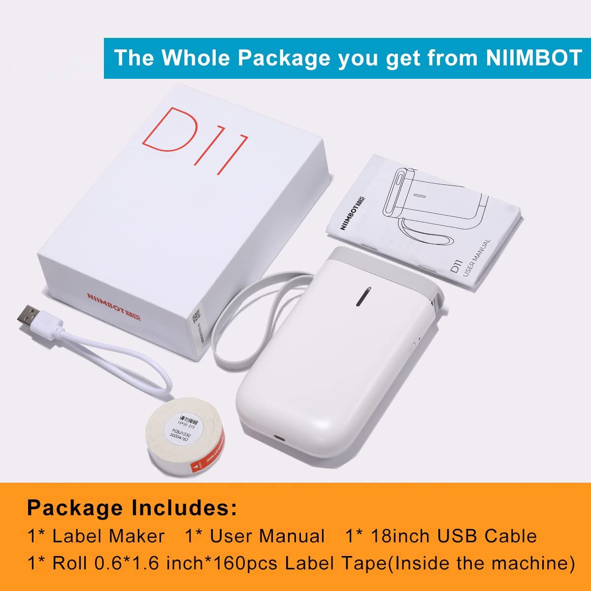 NIIMBOT D110 Label Maker Machine with Tape, Small Label Printer Bluetooth Connection Multiple Templates Available for Phone Easy to Use for Office Home Organization Rechargeable White