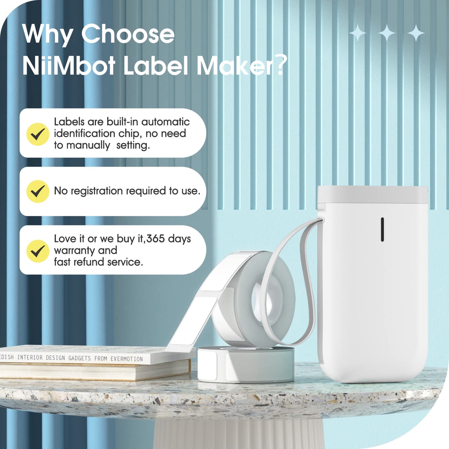 NIIMBOT D110 Label Maker Machine with Tape, Small Label Printer Bluetooth Connection Multiple Templates Available for Phone Easy to Use for Office Home Organization Rechargeable White