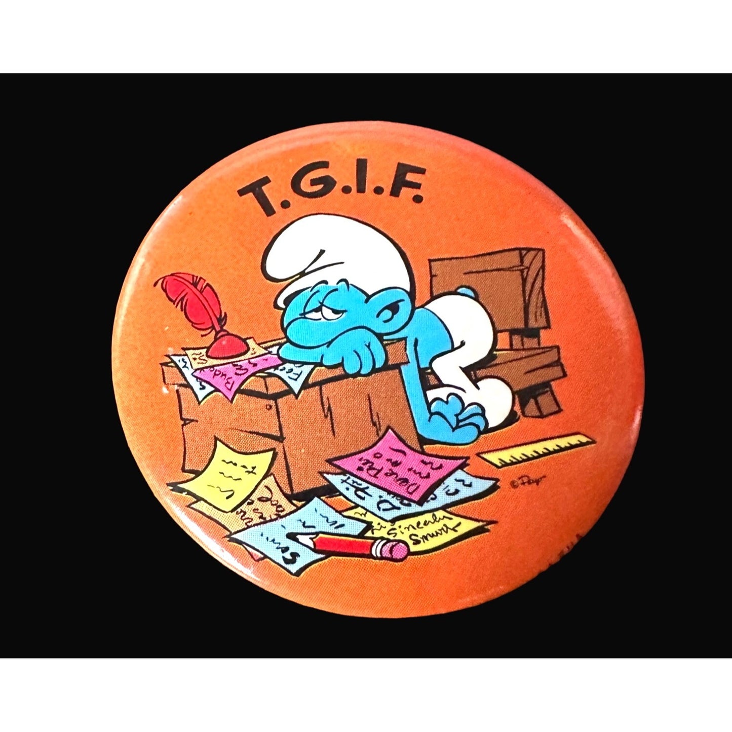 T.G.I.F. Smurf Button Pin By W. Berrie Co. 1981 – Smurf Sleeping On Desk Button