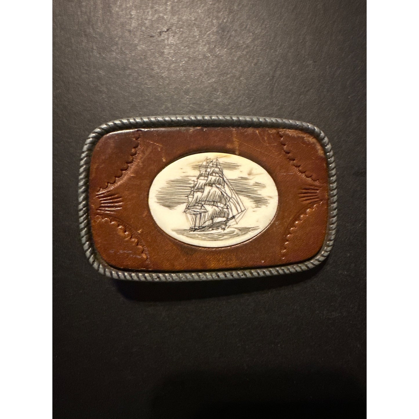 Engraved Ship Design Leather & Metal Belt Buckle Rectangular Western Style
