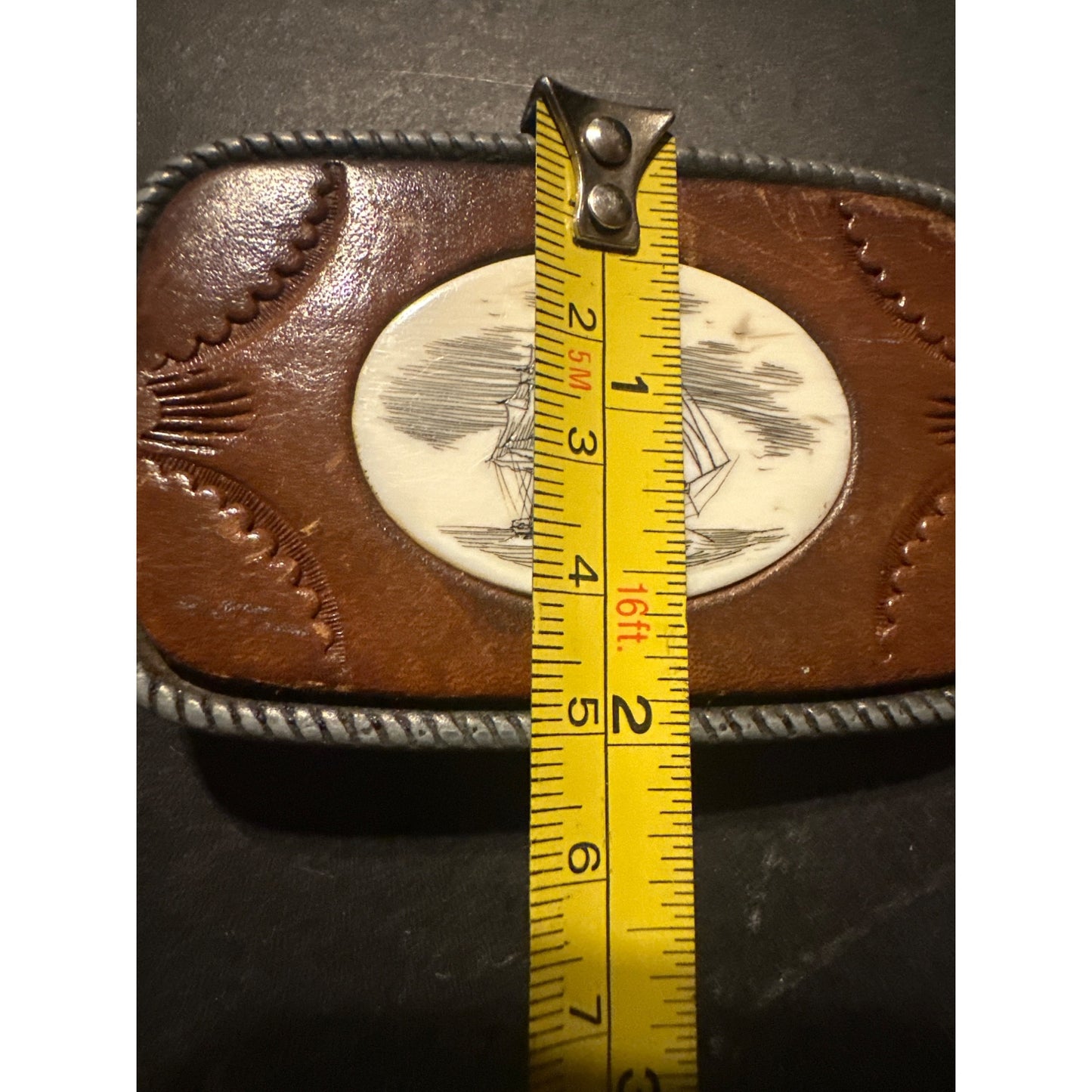 Engraved Ship Design Leather & Metal Belt Buckle Rectangular Western Style