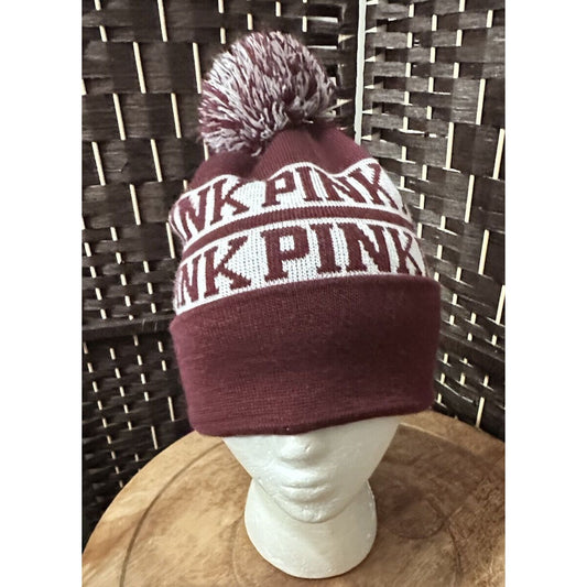 PINK Victoria's Secret Beanie Pom Pom Hat Knit Cap Burgundy & White One Size