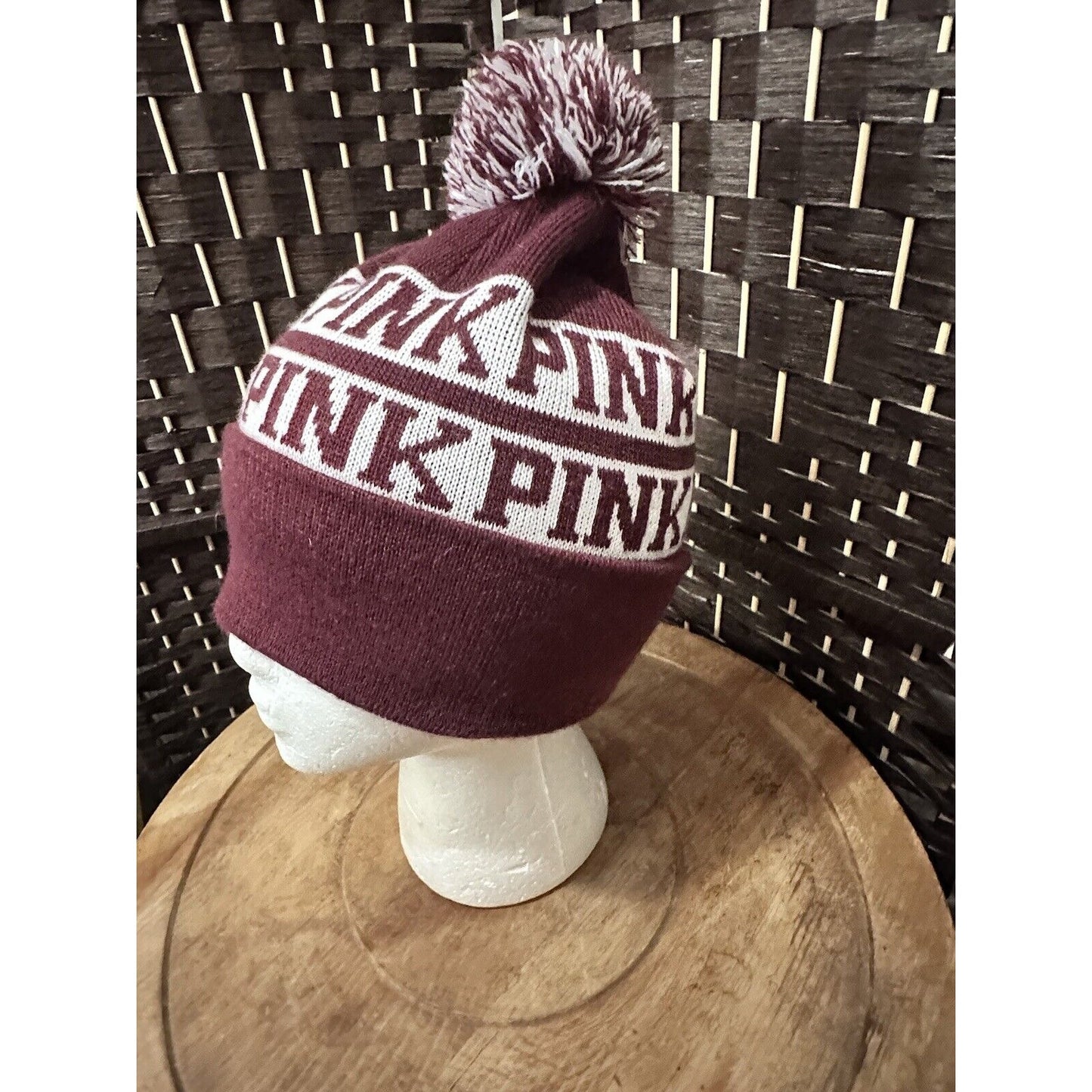 PINK Victoria's Secret Beanie Pom Pom Hat Knit Cap Burgundy & White One Size