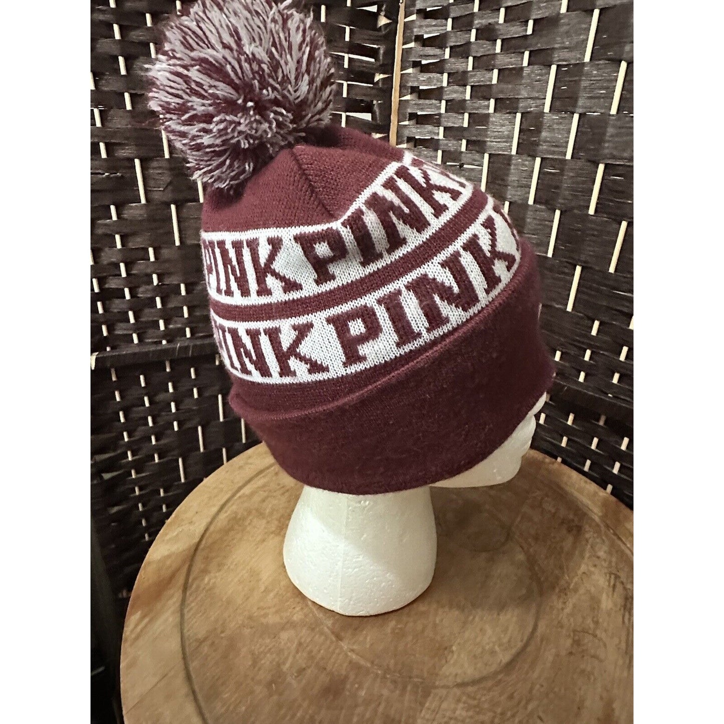 PINK Victoria's Secret Beanie Pom Pom Hat Knit Cap Burgundy & White One Size