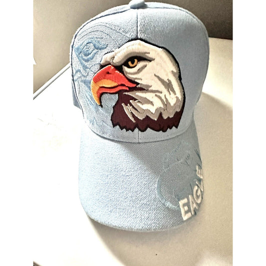 Bald Eagle Thick Embroidered Design Baseball Light Blue Hat Curved Brim