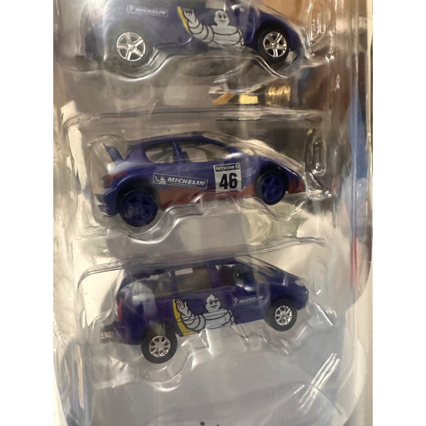 Michelin Man Norev miniatures 3 inches 4 Toy Car Gift Set Collectors Tube 1:64