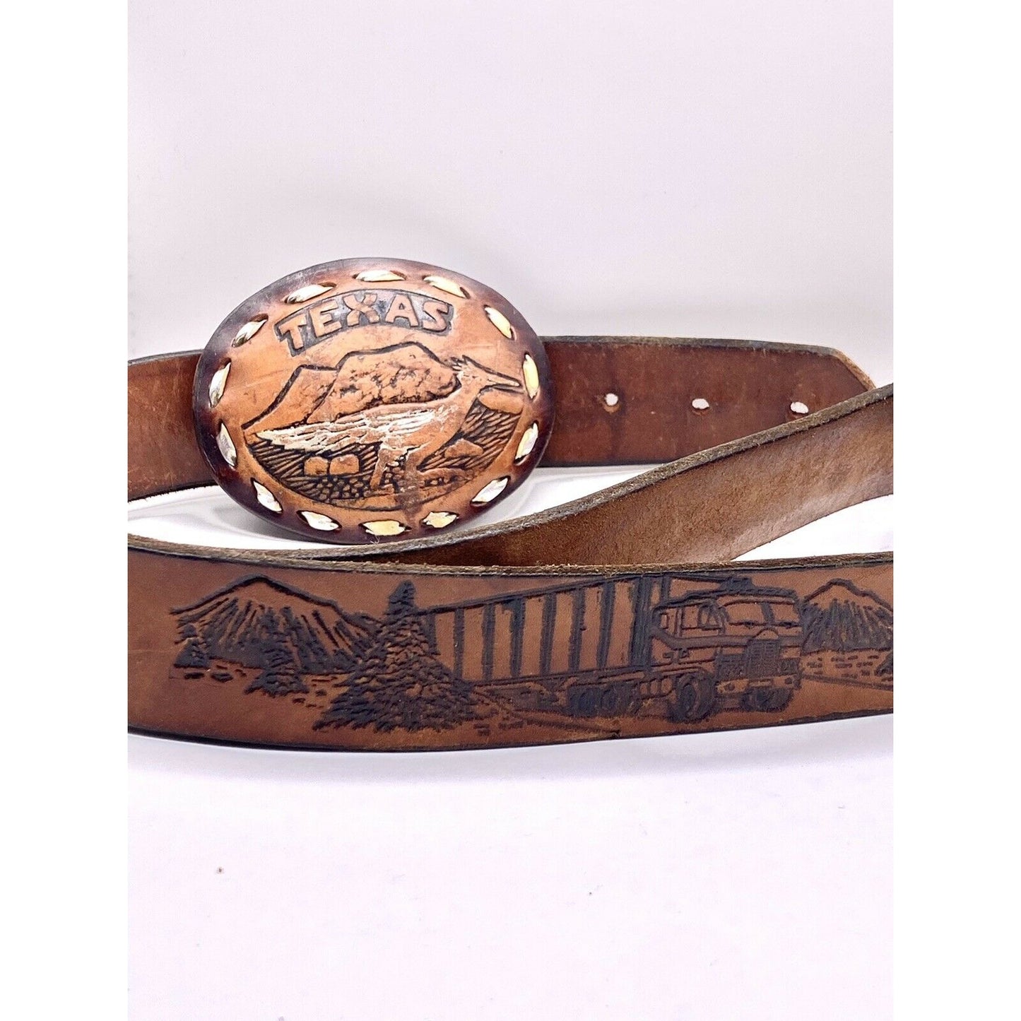 Texas Roadrunner Leather Buckle  44 ?  Belt With Truck & Mountain Scene Tooled