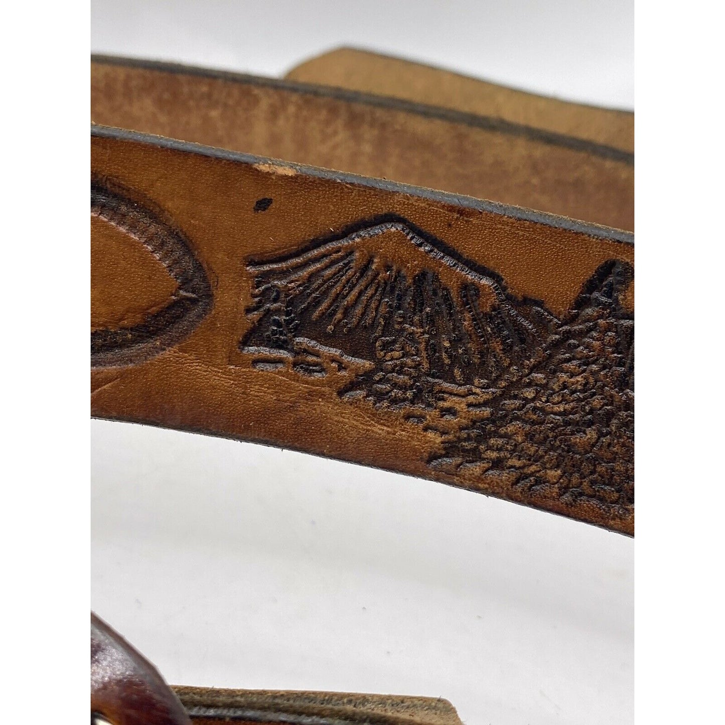 Texas Roadrunner Leather Buckle  44 ?  Belt With Truck & Mountain Scene Tooled