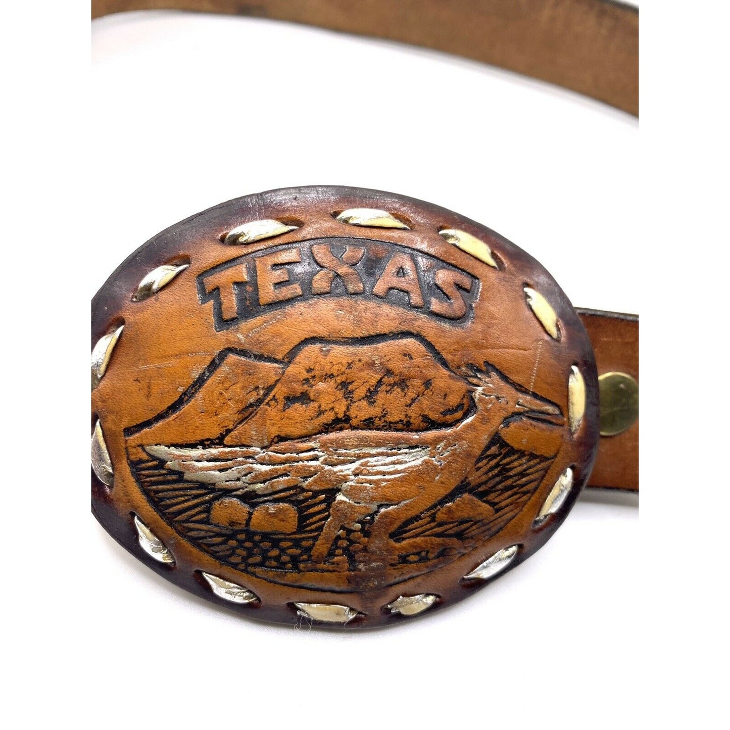 Texas Roadrunner Leather Buckle  44 ?  Belt With Truck & Mountain Scene Tooled