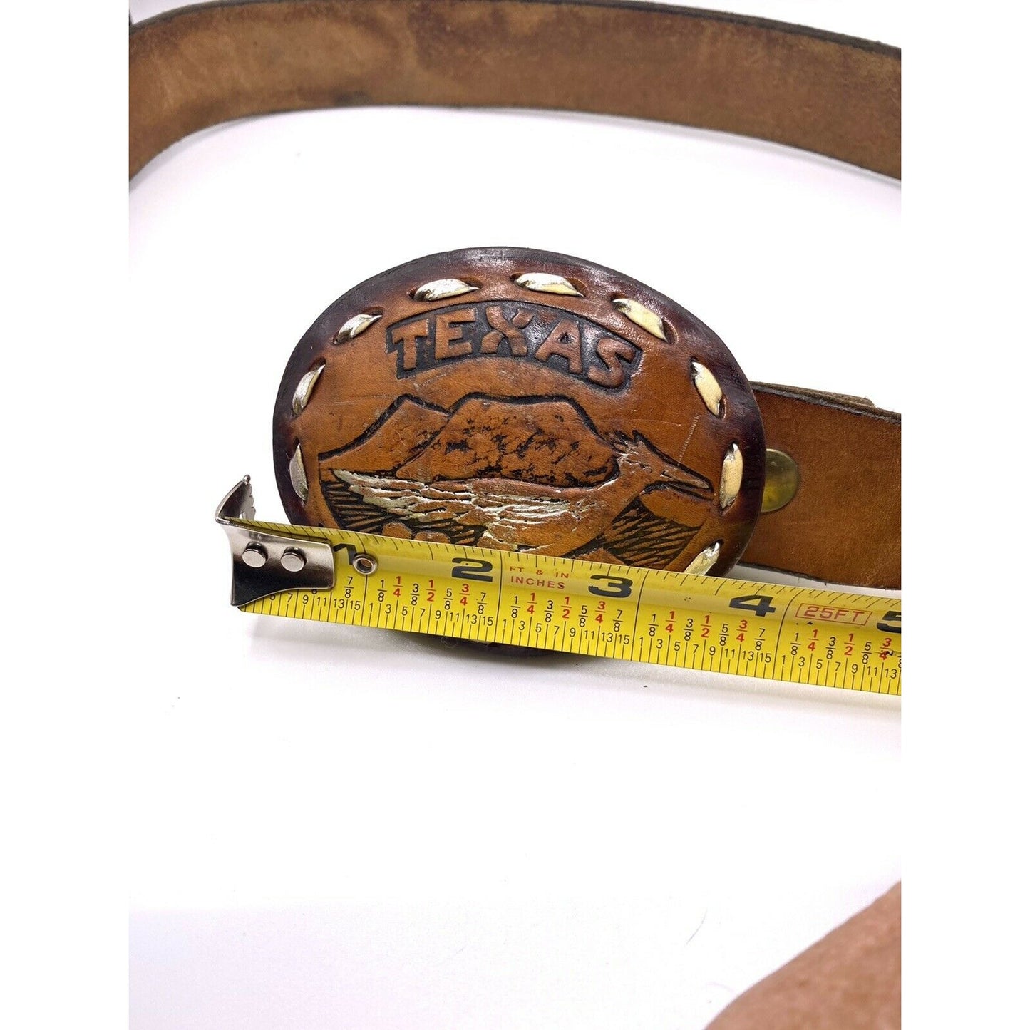 Texas Roadrunner Leather Buckle  44 ?  Belt With Truck & Mountain Scene Tooled