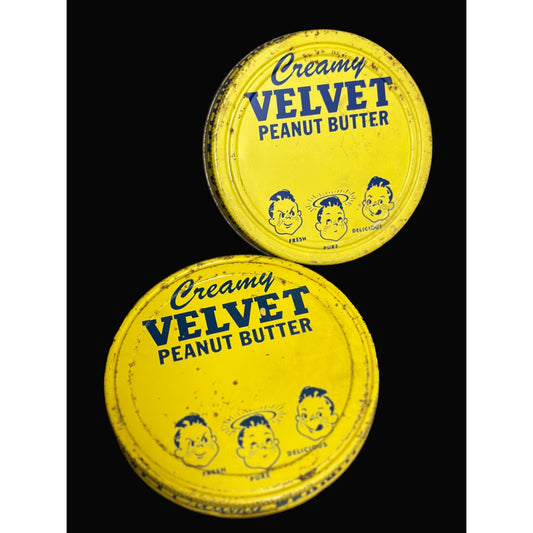 Creamy Velvet Peanut Butter Tin Lids  Set Of 2 Yellow & Blue Graphics vintage