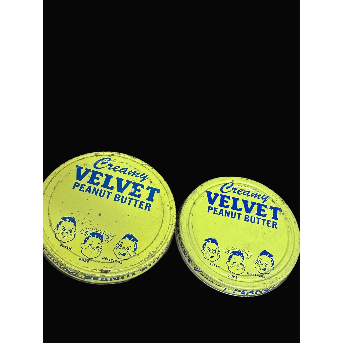 Creamy Velvet Peanut Butter Tin Lids  Set Of 2 Yellow & Blue Graphics vintage