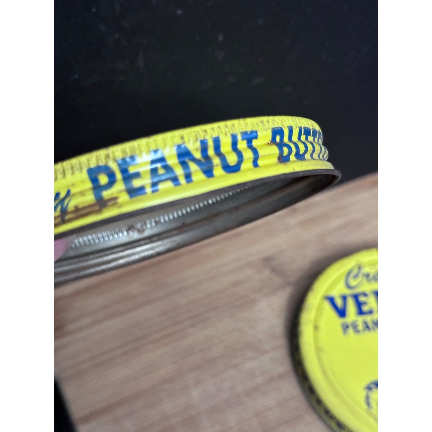 Creamy Velvet Peanut Butter Tin Lids  Set Of 2 Yellow & Blue Graphics vintage