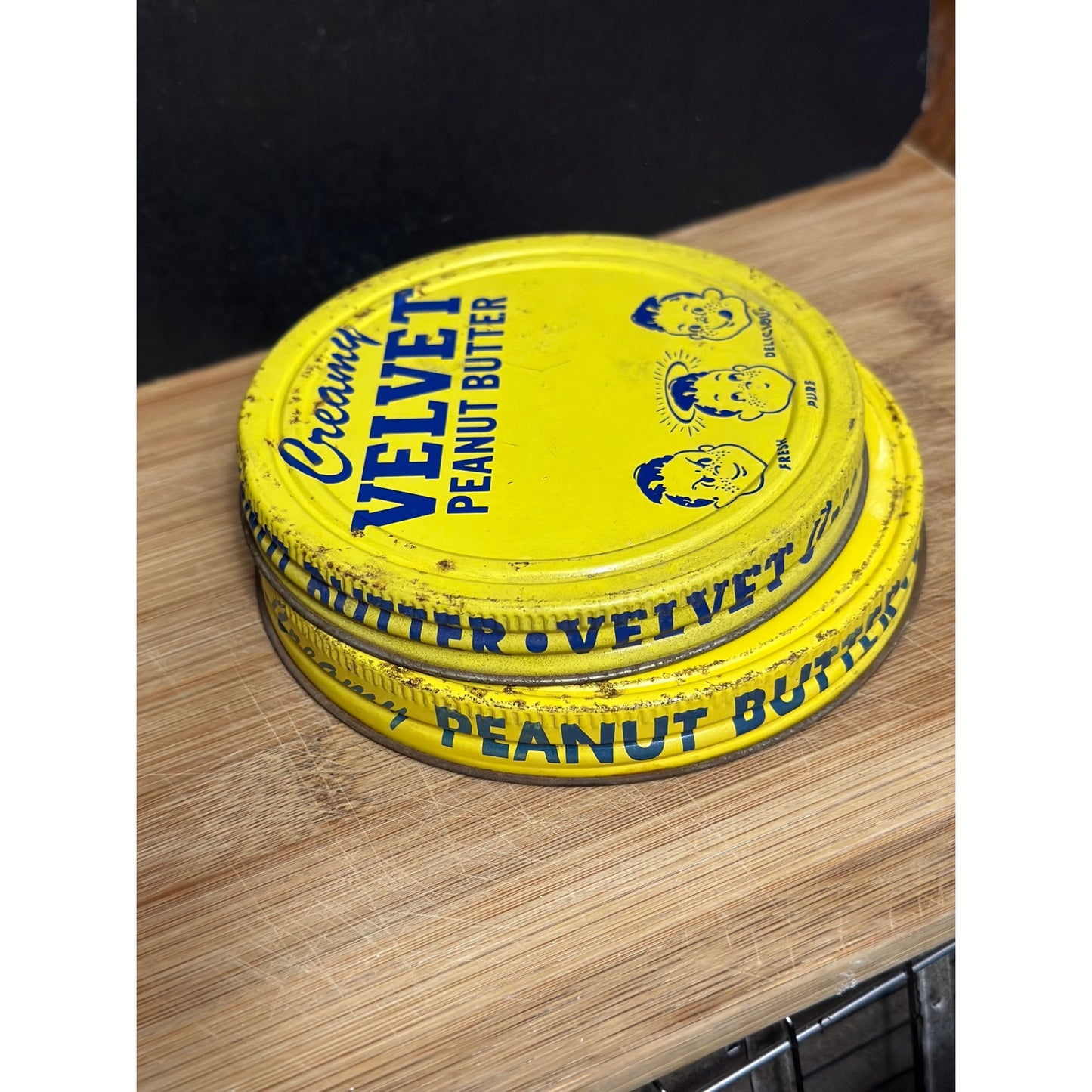 Creamy Velvet Peanut Butter Tin Lids  Set Of 2 Yellow & Blue Graphics vintage