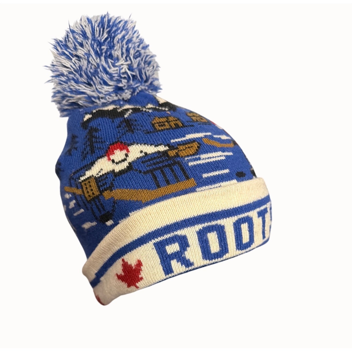 Roots Kids Winter hockey players  Knit Pom Pom Hat Blue Canada Design O/S