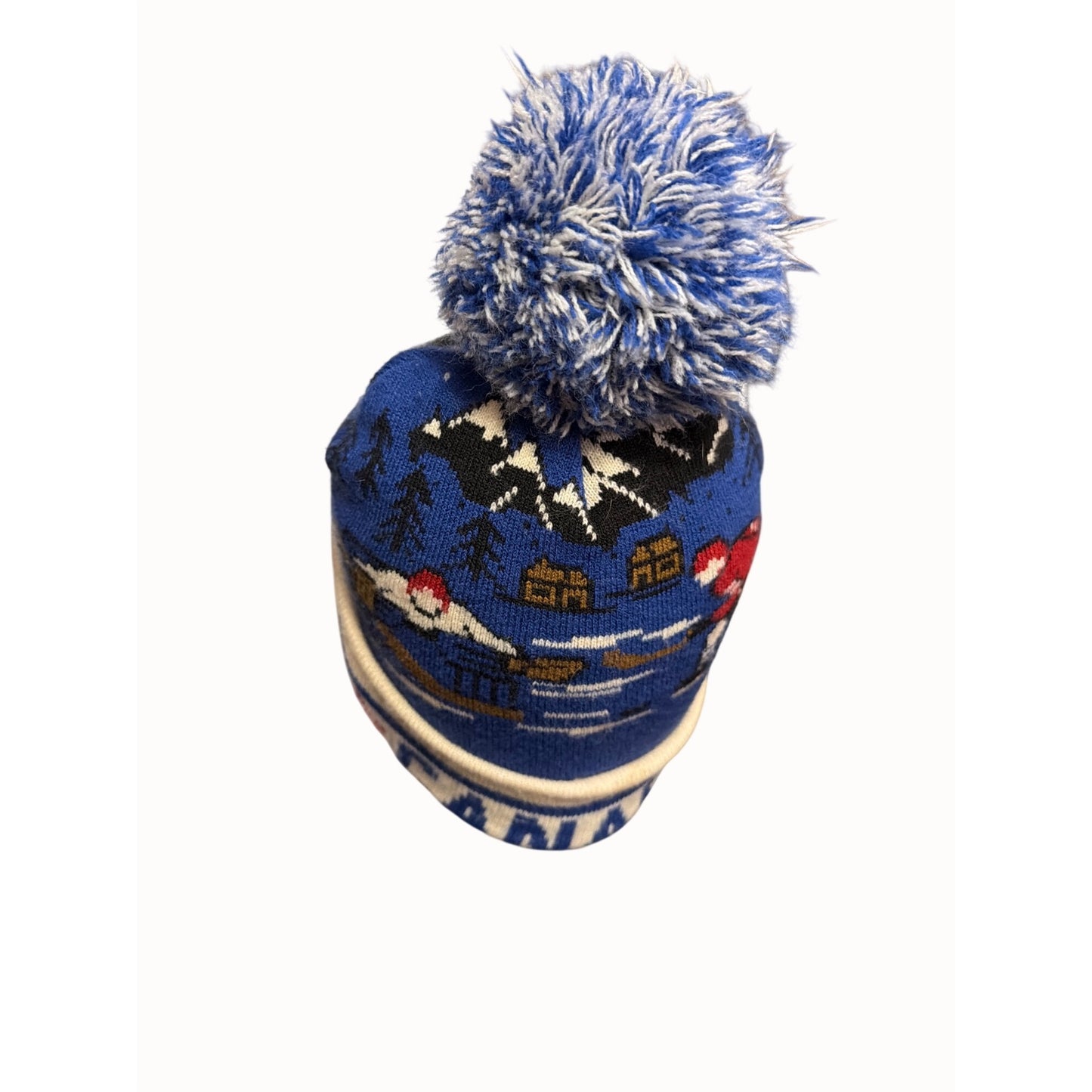Roots Kids Winter hockey players  Knit Pom Pom Hat Blue Canada Design O/S