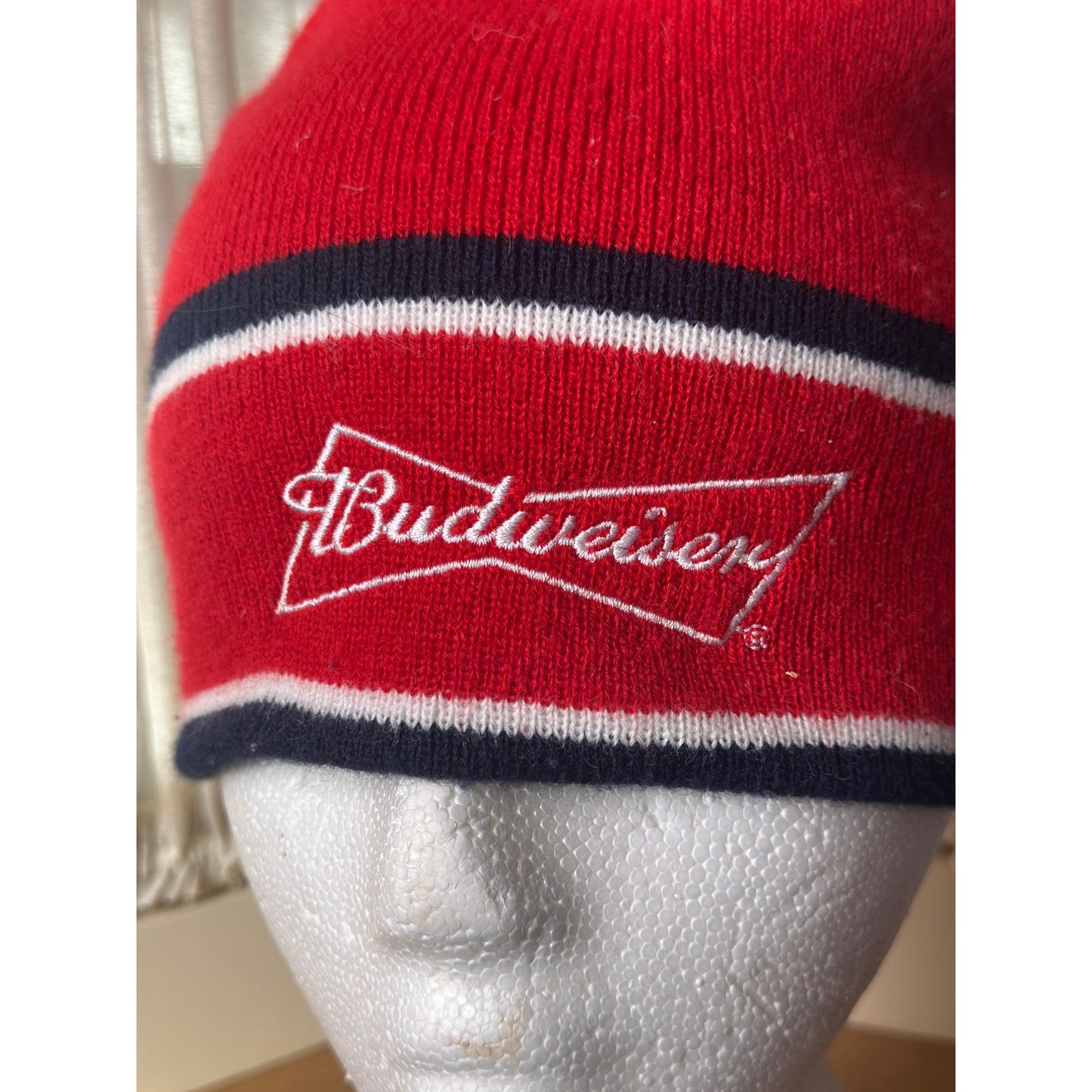 Budweiser beer bow tie Red Knit Beanie Hat White Embroidered Logo Stripes