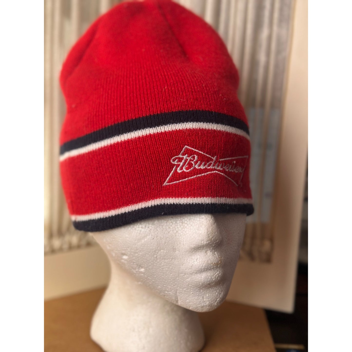 Budweiser beer bow tie Red Knit Beanie Hat White Embroidered Logo Stripes