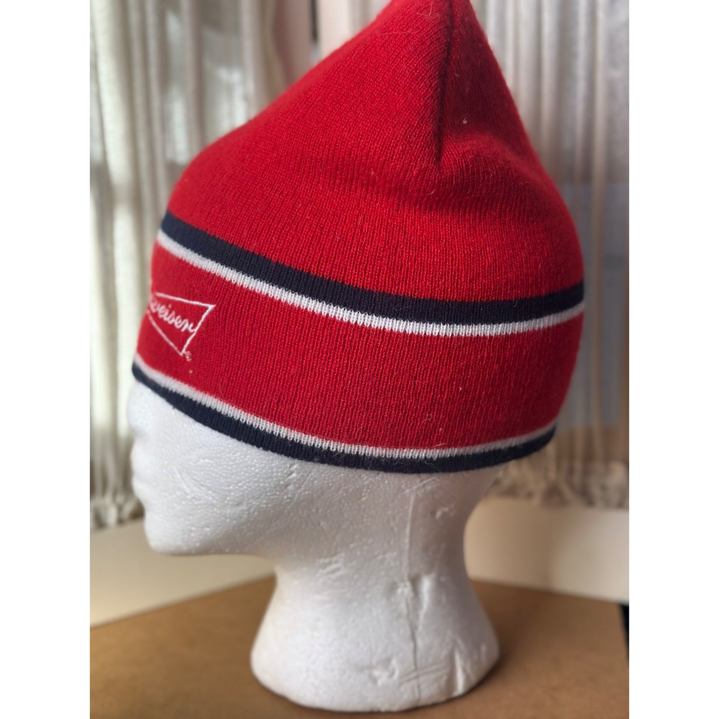 Budweiser beer bow tie Red Knit Beanie Hat White Embroidered Logo Stripes