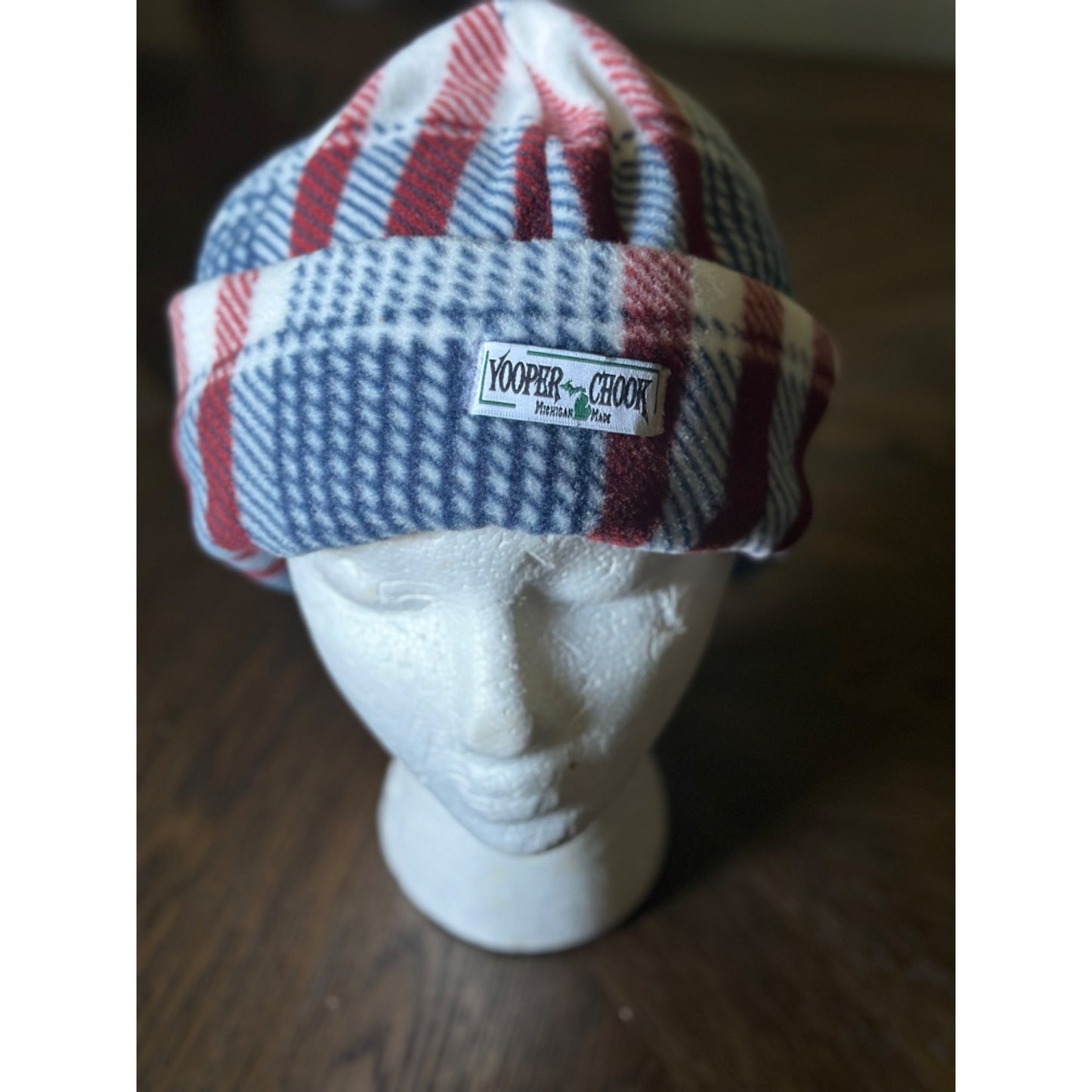 Yooper Chook Fleece Hat Red/Blue Plaid Michigan made USA  Sz L