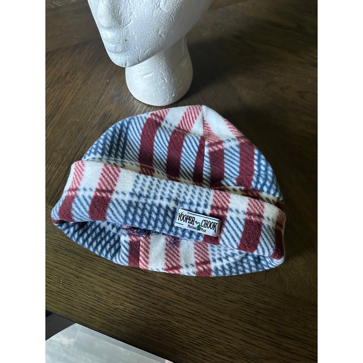 Yooper Chook Fleece Hat Red/Blue Plaid Michigan made USA  Sz L