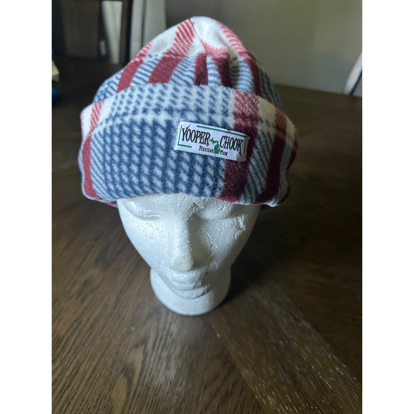 Yooper Chook Fleece Hat Red/Blue Plaid Michigan made USA  Sz L