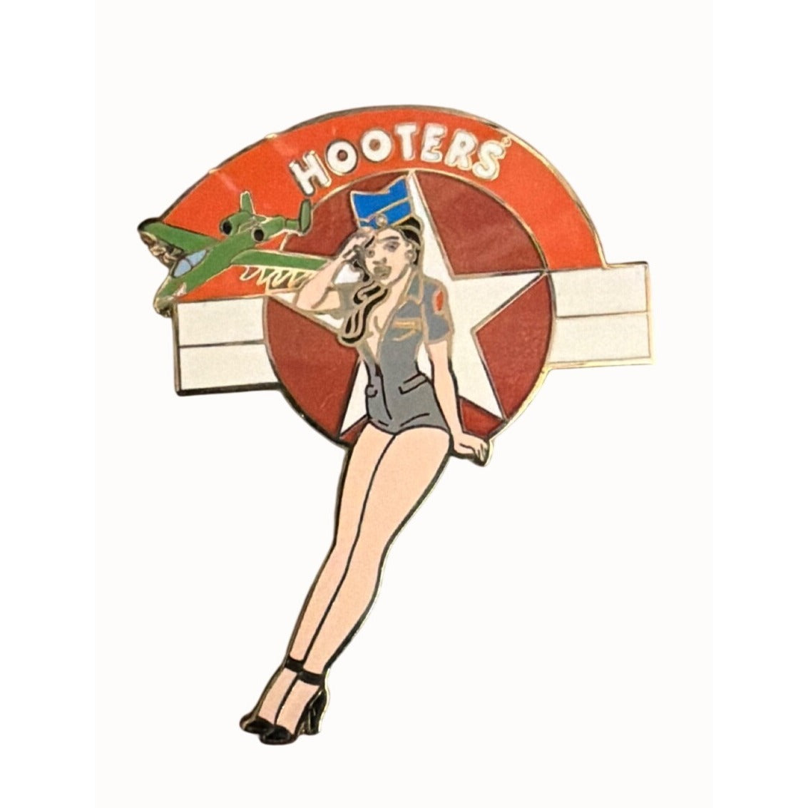 Hooters Retro Pinup Girl Enamel Pin With Fighter Jet Design Collectible Lapel