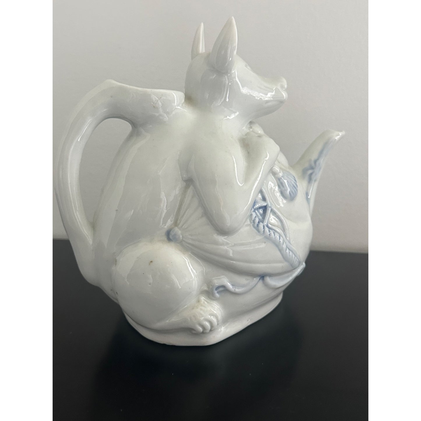 Japanese Hirado Sake Teapot Dog Fox ? Porcelain 7.5" x 9.5" Handcrafted Art