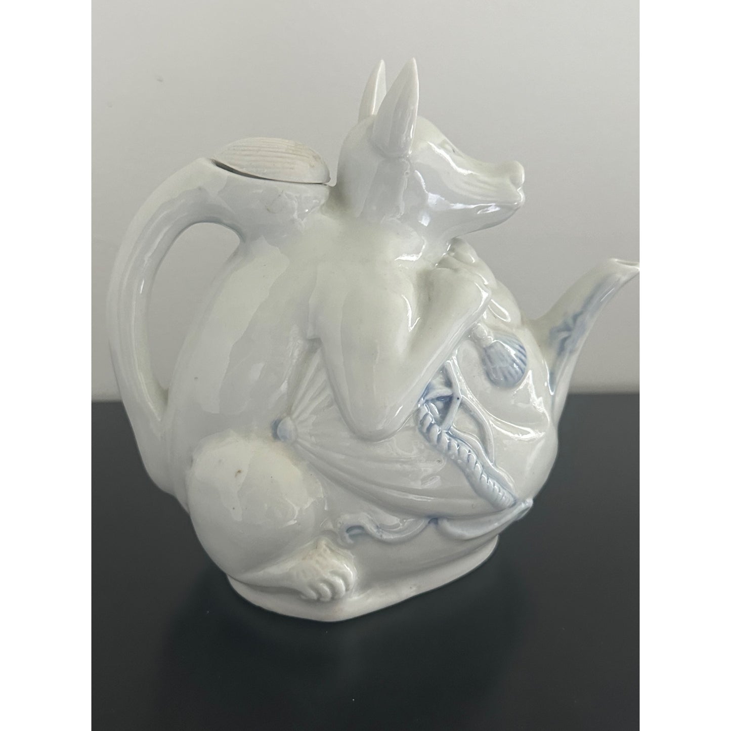 Japanese Hirado Sake Teapot Dog Fox ? Porcelain 7.5" x 9.5" Handcrafted Art